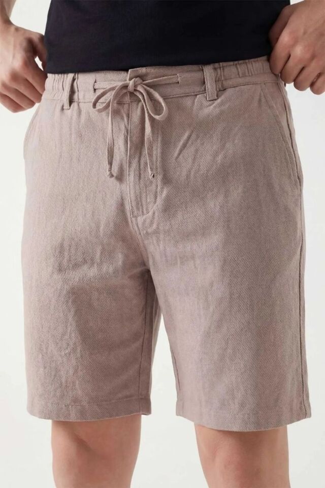 Erkek Beli Lastikli Bağlamalı 4 Cepli Outdoor Pantolon Şort Vizon - S