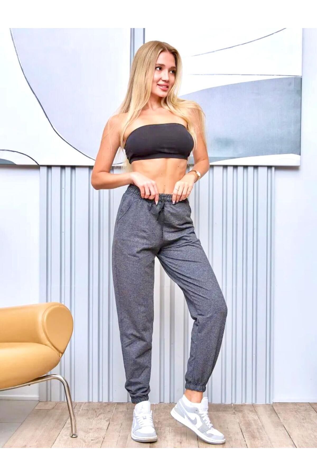 Kadın Bel Ve Paça Lastikli Slimfit Eşofman Altı Füme - S
