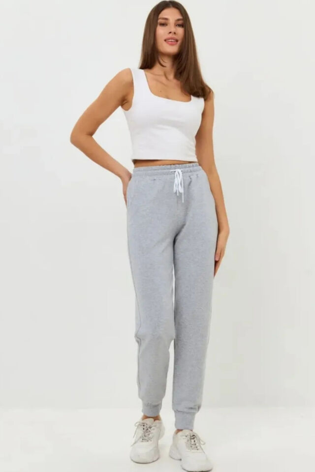 Gri Renk Kadın Slim Fit Jogger Eşofman Altı Gri - L