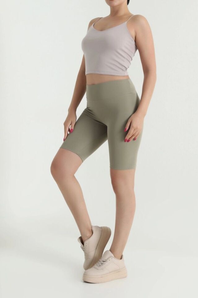 Kadın Dizüstü Push Up Spor Şort Tayt Haki - XL