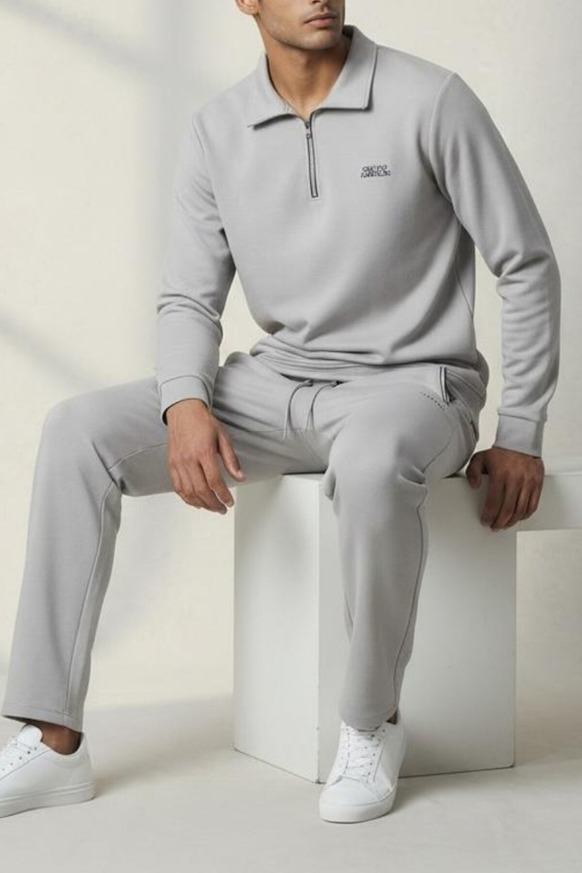 Yarım Fermuarlı Yumuşak Dokulu Triko Sweat Alt Salaş Mevsimlik Takım Gri - XL