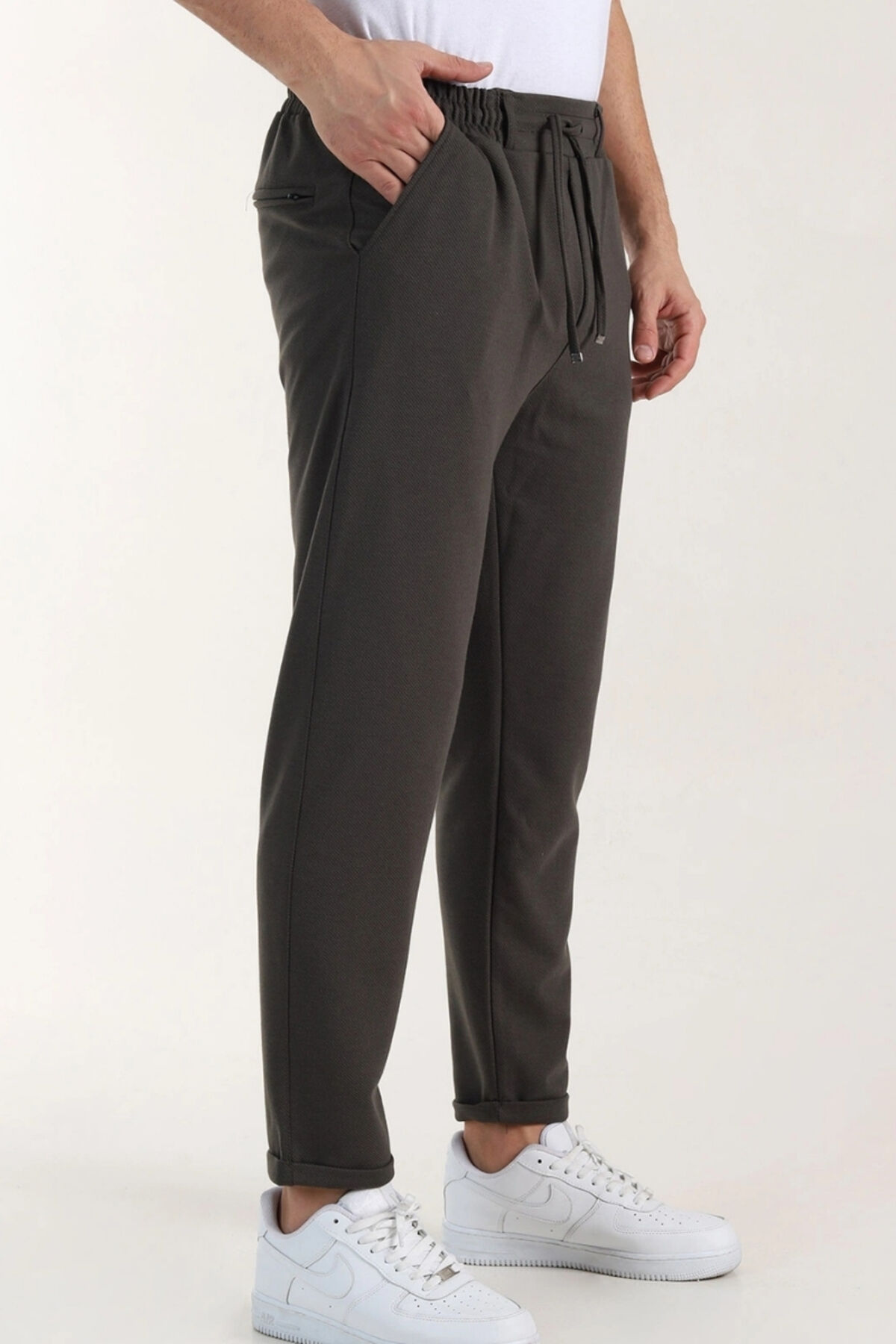 Diyagonel Kumaş Slimfit Rahat Kalıp Arka Cepli Double Paça Erkek Pantolon Haki - M