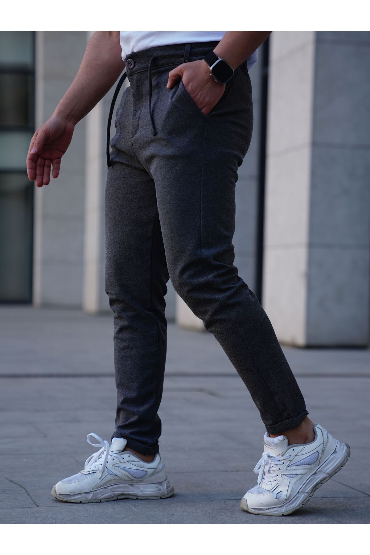 Diyagonel Kumaş Slimfit Rahat Kalıp Arka Cepli Double Paça Erkek Pantolon Füme - L
