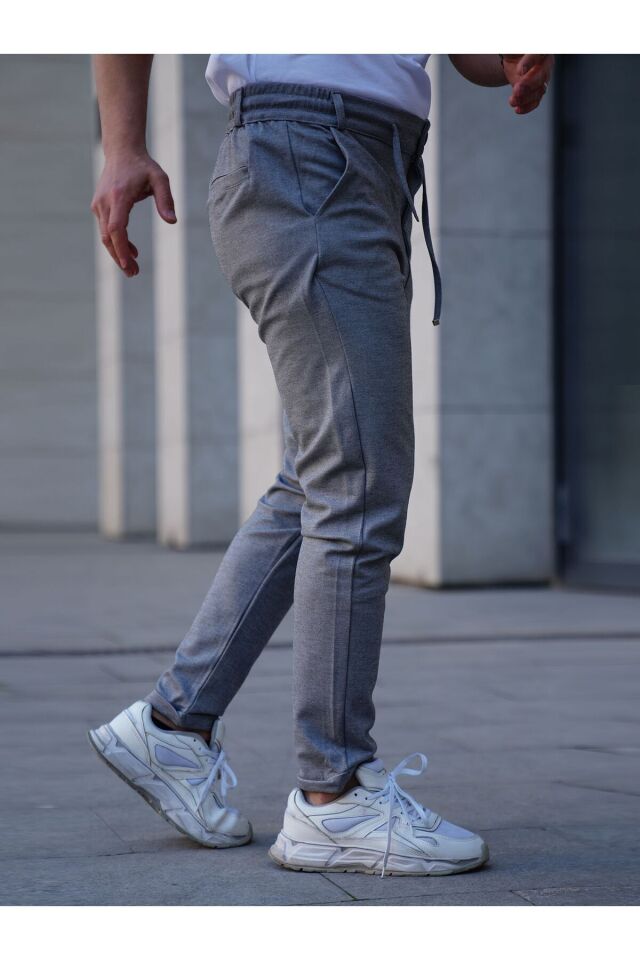 Diyagonel Kumaş Slimfit Rahat Kalıp Arka Cepli Double Paça Erkek Pantolon Gri - M