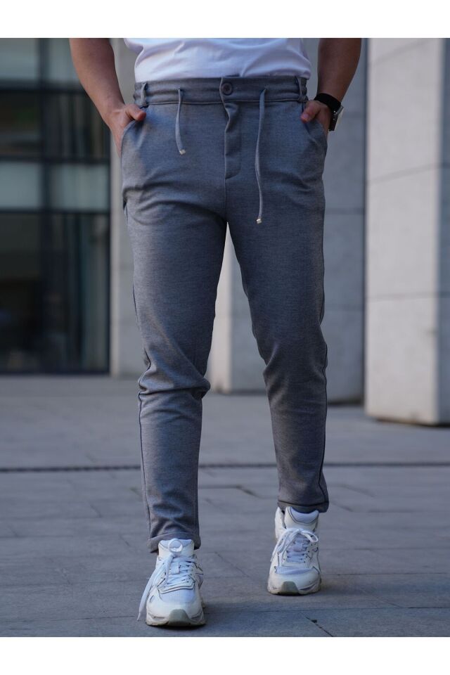 Diyagonel Kumaş Slimfit Rahat Kalıp Arka Cepli Double Paça Erkek Pantolon Gri - M