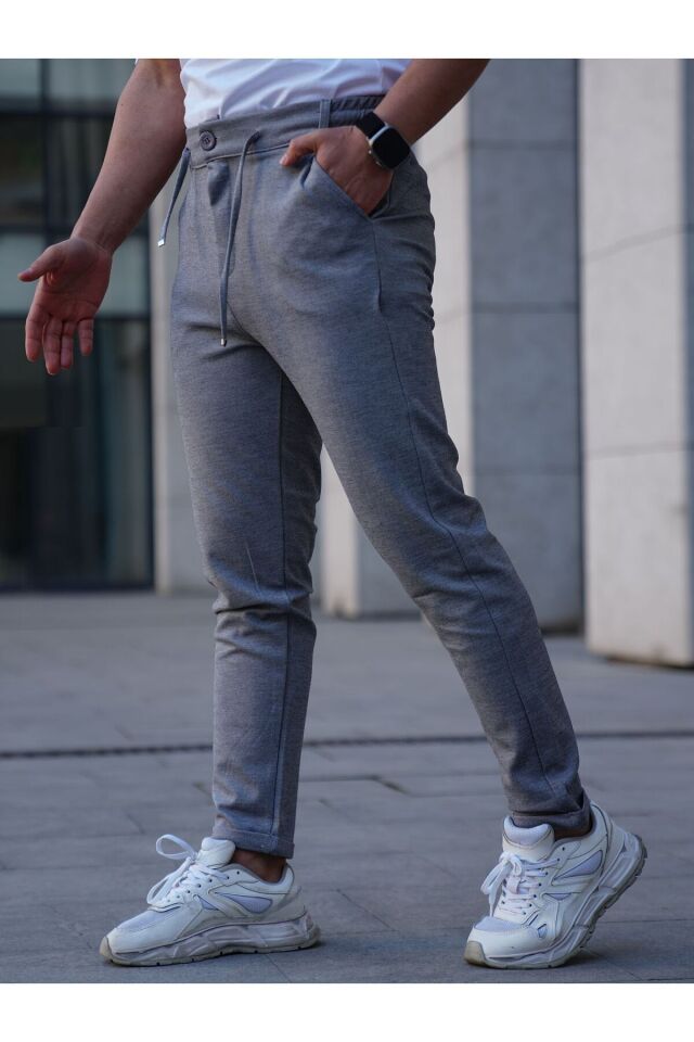 Diyagonel Kumaş Slimfit Rahat Kalıp Arka Cepli Double Paça Erkek Pantolon Gri - M