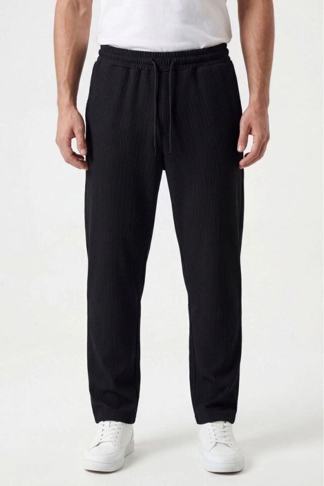 Erkek Fitilli Look Kumaş Düz Paça Mevsimlik Pantolon Siyah - XL