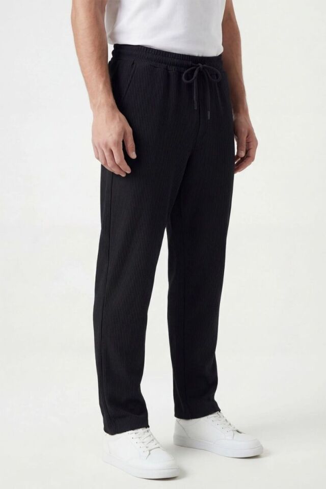 Erkek Fitilli Look Kumaş Düz Paça Mevsimlik Pantolon Siyah - XL