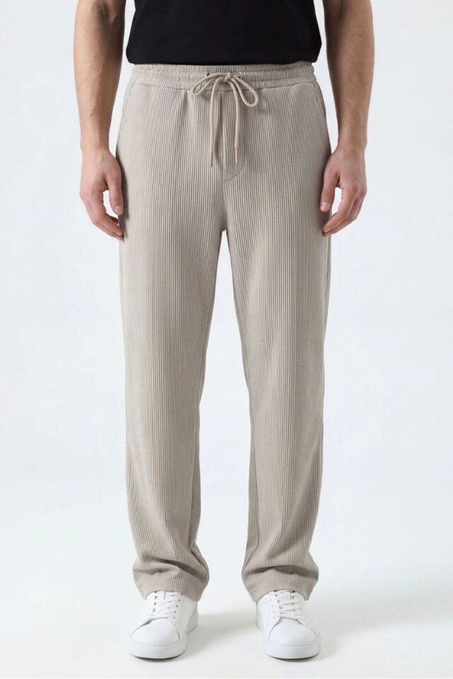 Erkek Fitilli Look Kumaş Düz Paça Mevsimlik Pantolon Bej - L
