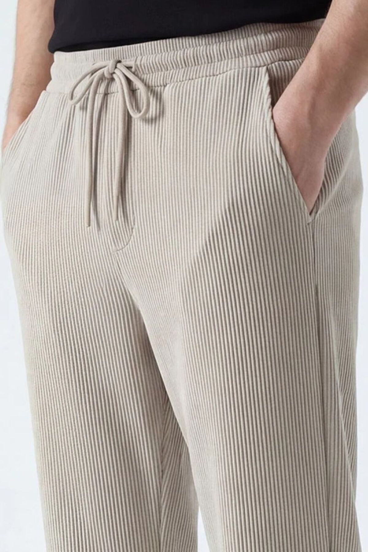Erkek Fitilli Look Kumaş Düz Paça Mevsimlik Pantolon Bej - 2XL