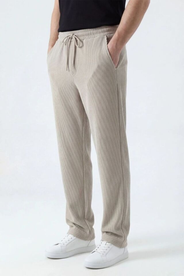 Erkek Fitilli Look Kumaş Düz Paça Mevsimlik Pantolon Bej - M