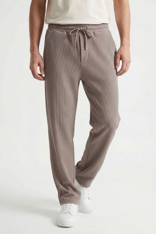 Erkek Fitilli Look Kumaş Düz Paça Mevsimlik Pantolon Vizon - L