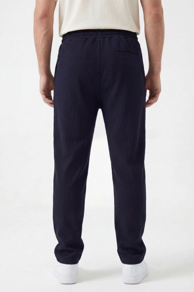 Erkek Fitilli Look Kumaş Düz Paça Mevsimlik Pantolon Lacivert - XL