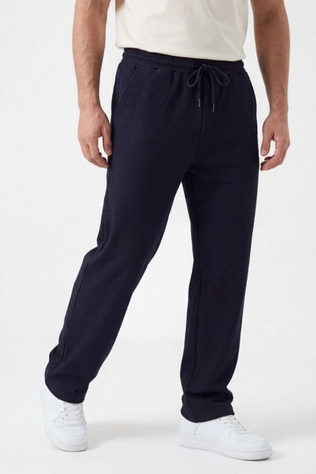 Erkek Fitilli Look Kumaş Düz Paça Mevsimlik Pantolon Lacivert - S