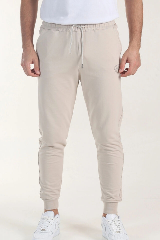 İtalyan Kesim Kompak Yan Cepli Paça Ribanalı Slimfit Kalıp Eşofmanaltı Koyubej - XL