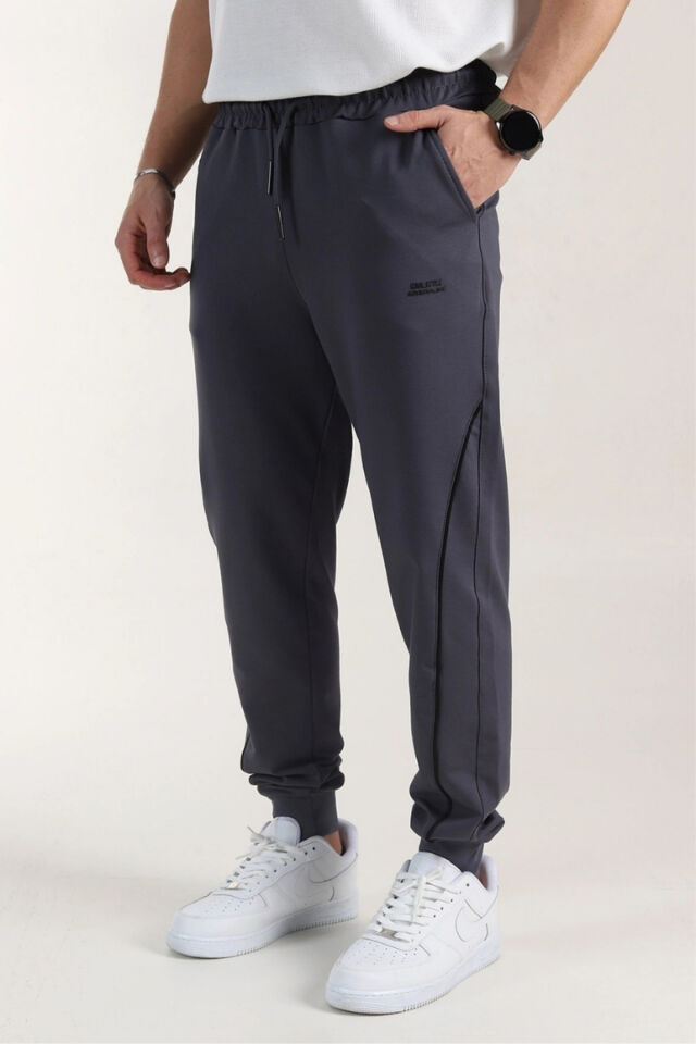 İtalyan Kesim Kompak Yan Cepli Paça Ribanalı Slimfit Kalıp Eşofmanaltı Boyalı-Füme - 2XL