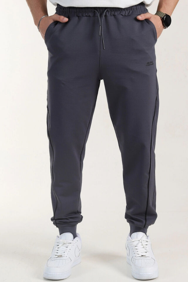 İtalyan Kesim Kompak Yan Cepli Paça Ribanalı Slimfit Kalıp Eşofmanaltı Boyalı-Füme - 2XL
