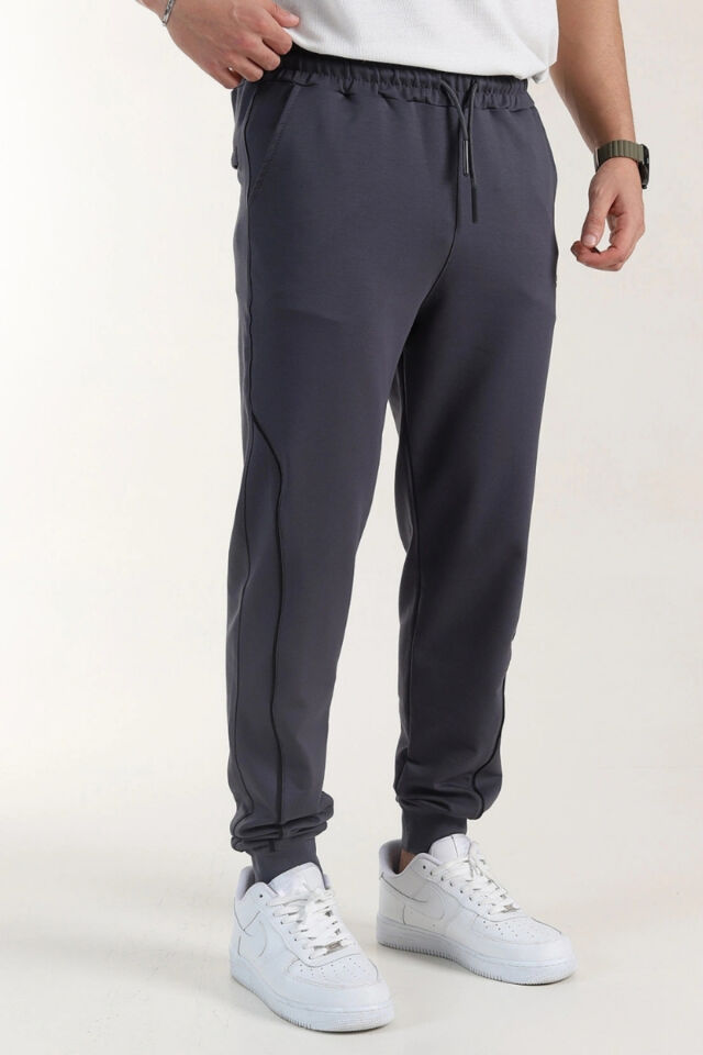 İtalyan Kesim Kompak Yan Cepli Paça Ribanalı Slimfit Kalıp Eşofmanaltı Boyalı-Füme - 2XL