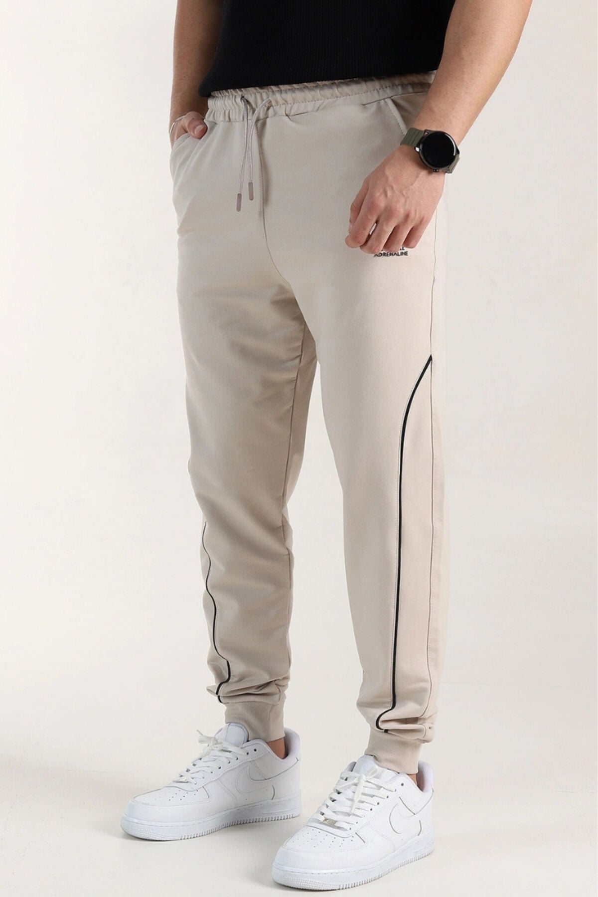 İtalyan Kesim Kompak Yan Cepli Paça Ribanalı Slimfit Kalıp Eşofmanaltı Bej - M