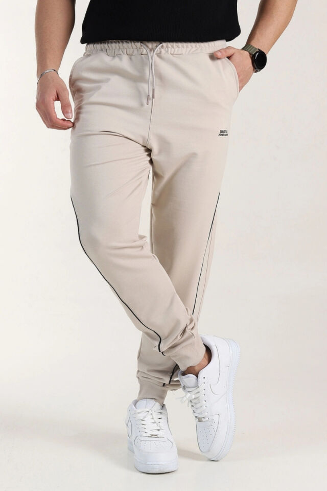 İtalyan Kesim Kompak Yan Cepli Paça Ribanalı Slimfit Kalıp Eşofmanaltı Bej - S