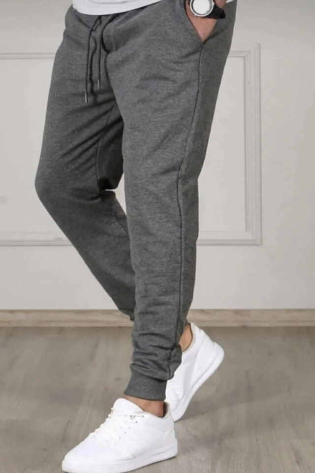 İtalyan Kesim Kompak Yan Cepli Paça Ribanalı Slimfit Kalıp Eşofmanaltı Ant-Füme - XL