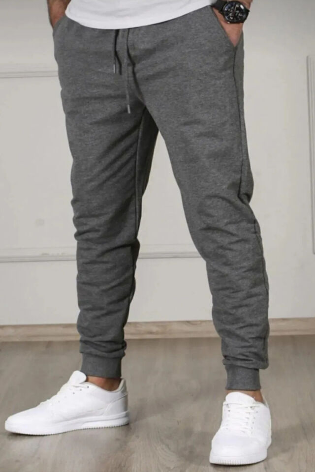 İtalyan Kesim Kompak Yan Cepli Paça Ribanalı Slimfit Kalıp Eşofmanaltı Ant-Füme - XL