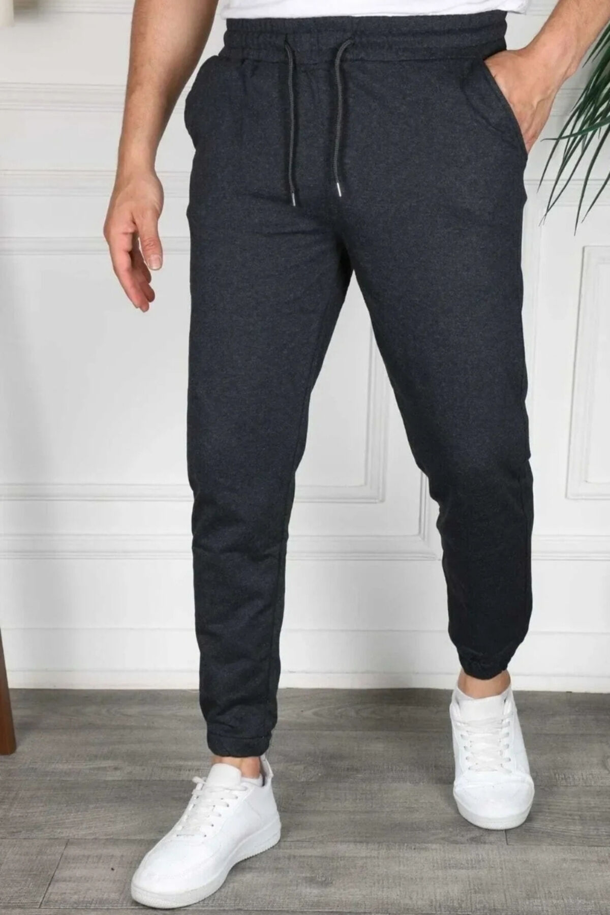 İtalyan Kesim Kompak Yan Cepli Paça Ribanalı Slimfit Kalıp Eşofmanaltı A-Füme - XL