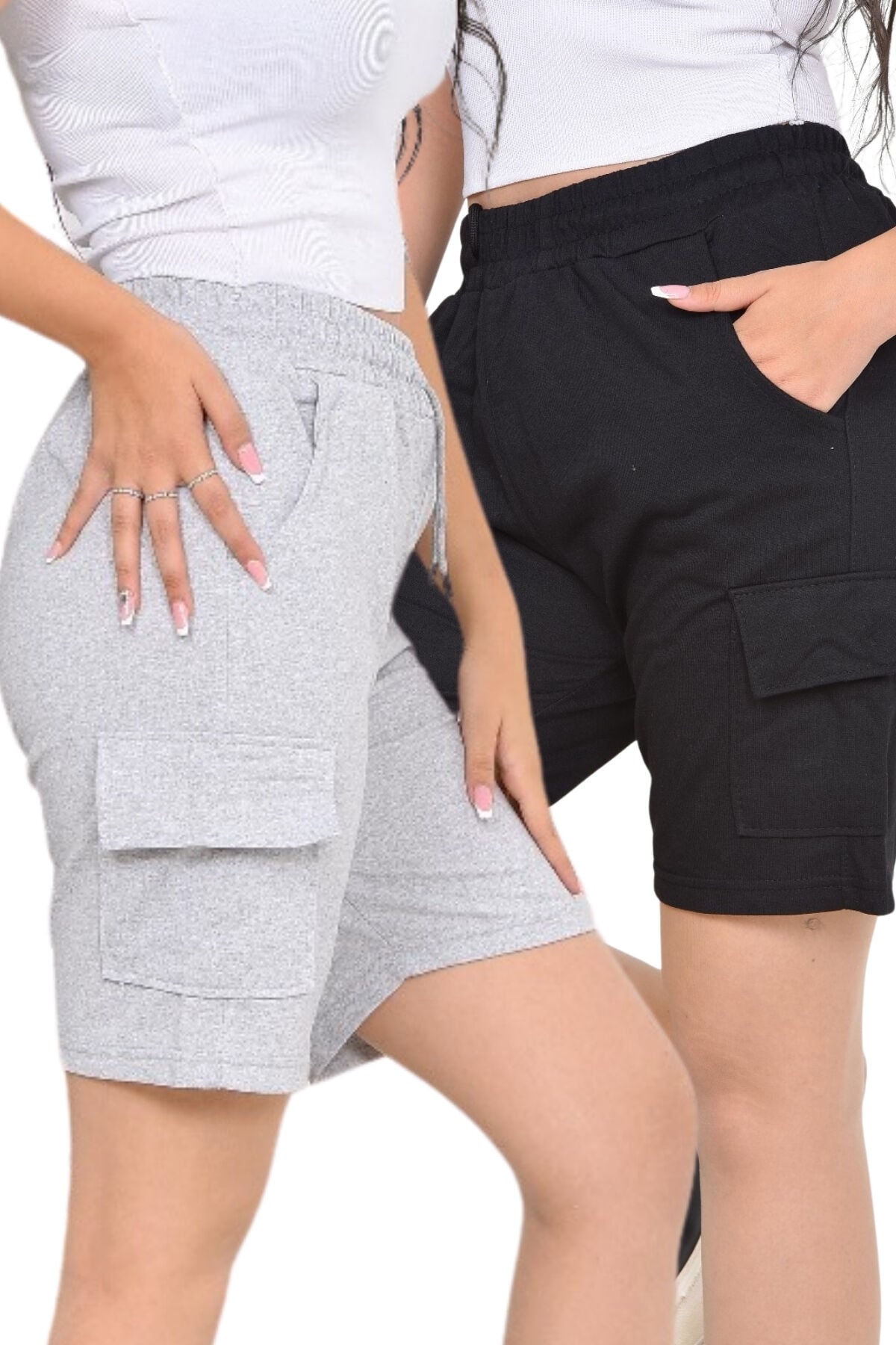 Kadın İkili Siyah Gri Kargo Cep Spor Şort