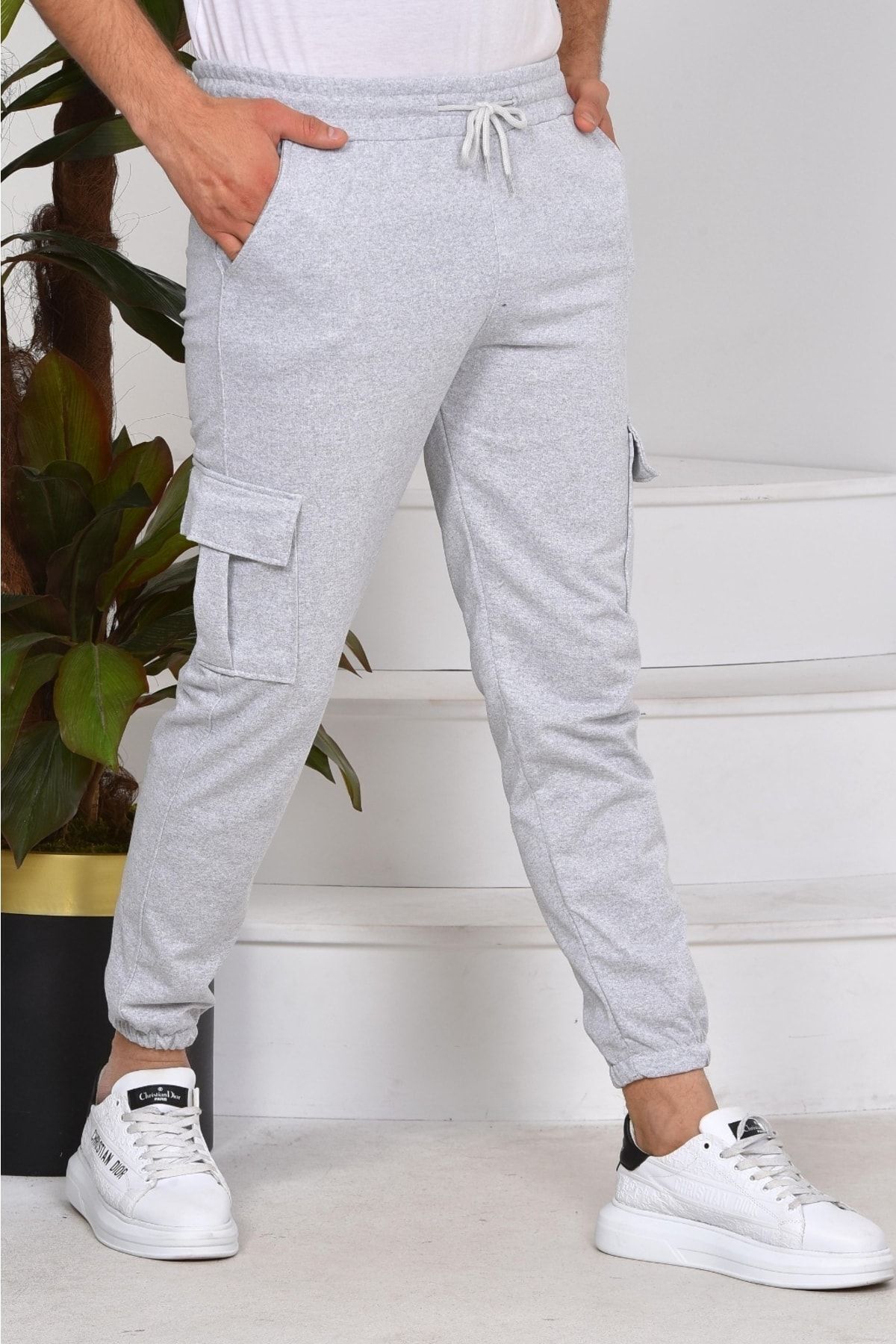 Erkek Açık Gri Kargo Cep Eşofman Alt Slim Fit Açık Gri - 2XL