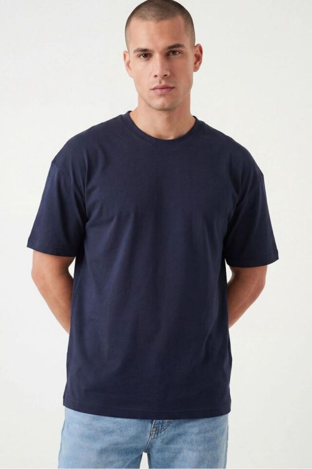 Erkek Oversize Yırtmaçlı Yumuşak Dokulu T-Shirt Lacivert - 2XL