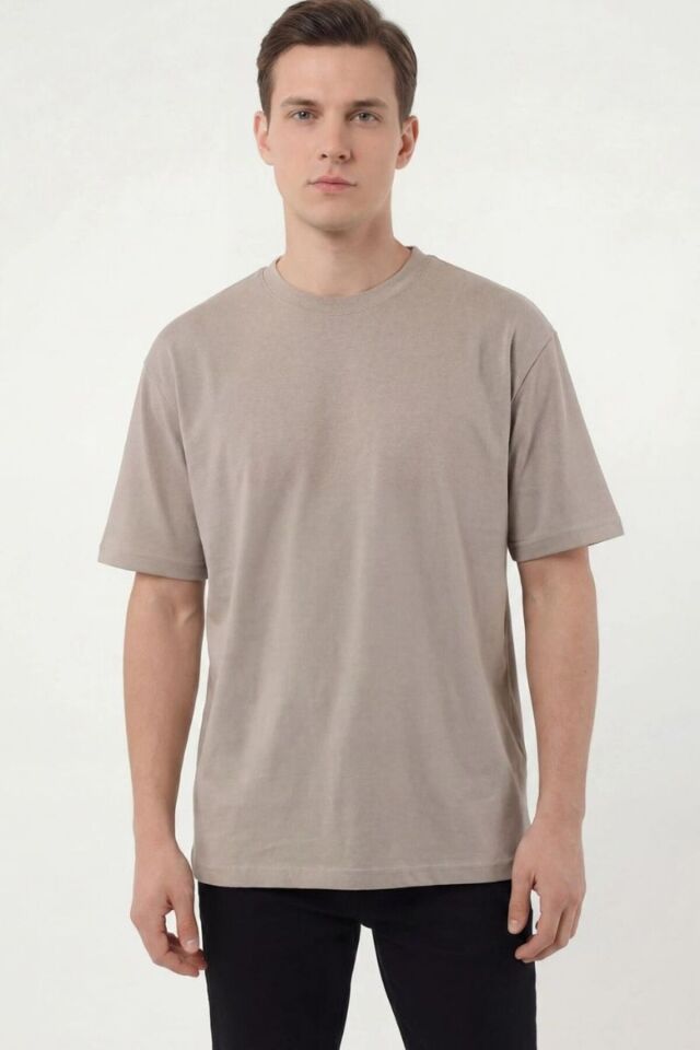 Erkek Oversize Yırtmaçlı Yumuşak Dokulu T-Shirt Bej - M