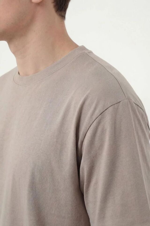 Erkek Oversize Yırtmaçlı Yumuşak Dokulu T-Shirt Bej - 2XL