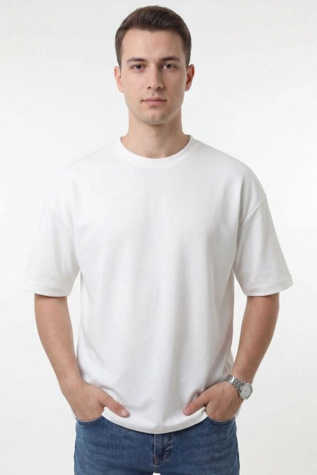 Erkek Oversize Yırtmaçlı Yumuşak Dokulu T-Shirt Ekru - XL