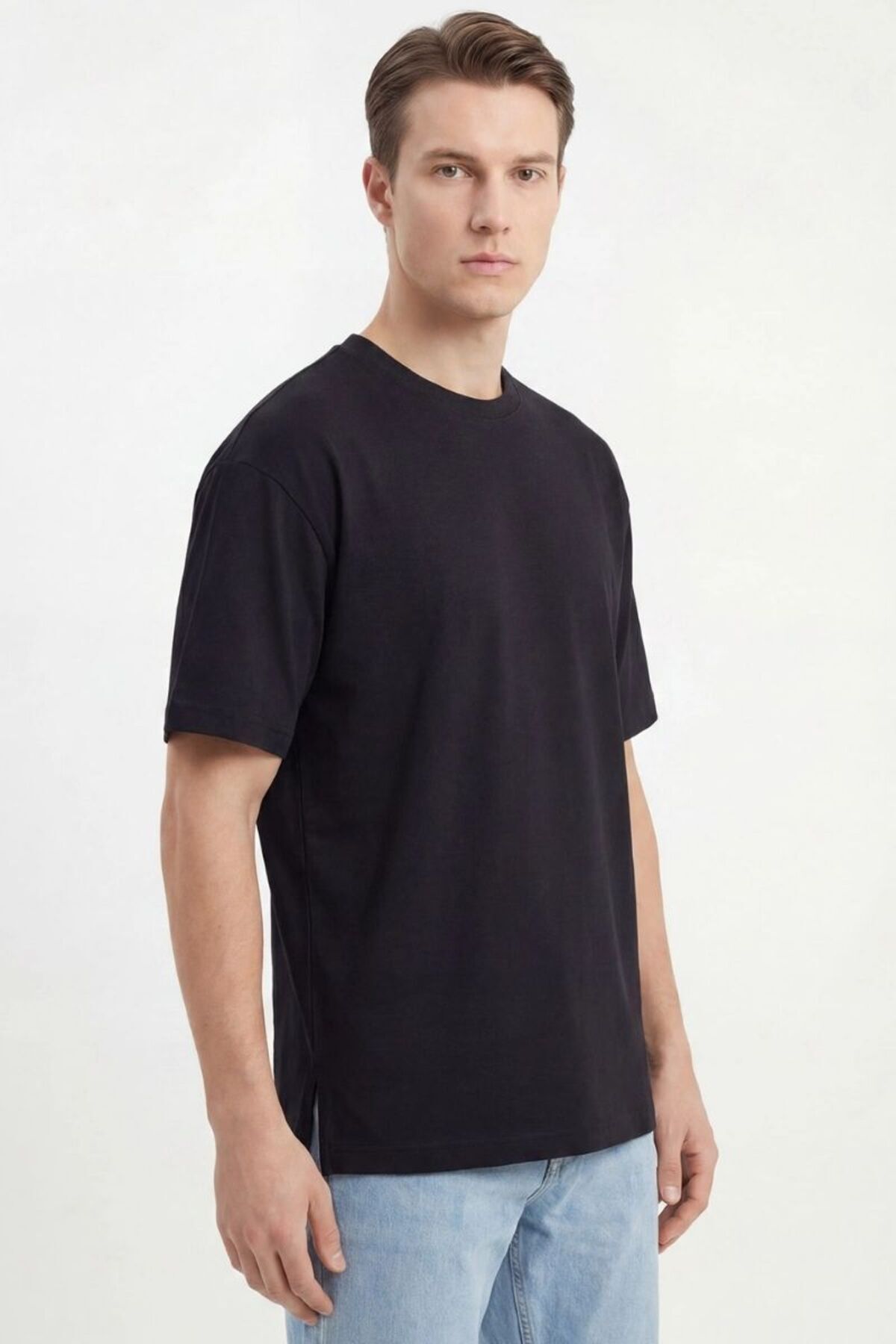 Erkek Oversize Yırtmaçlı Yumuşak Dokulu T-Shirt Siyah - L