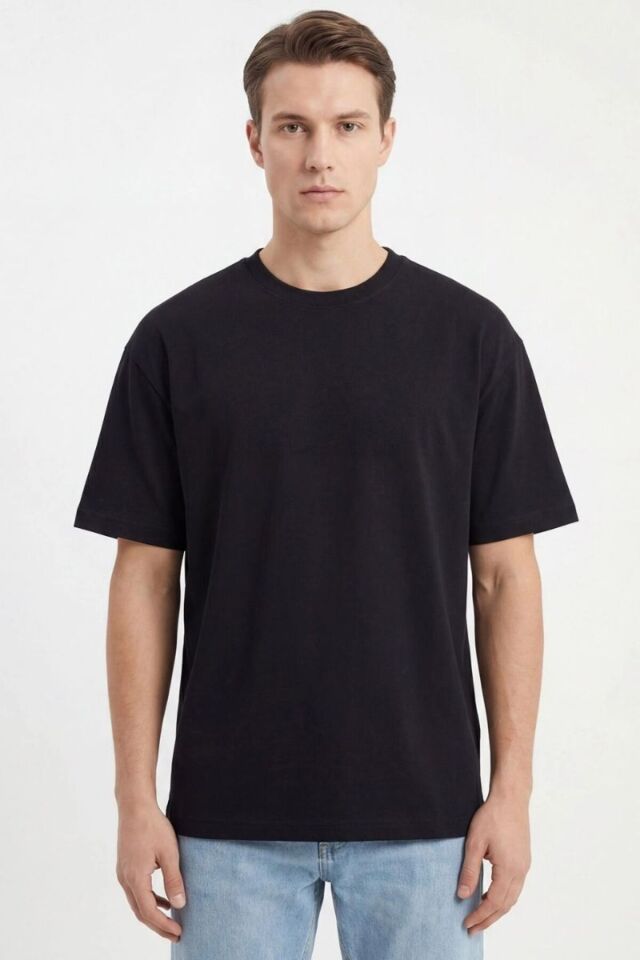 Erkek Oversize Yırtmaçlı Yumuşak Dokulu T-Shirt Siyah - XL