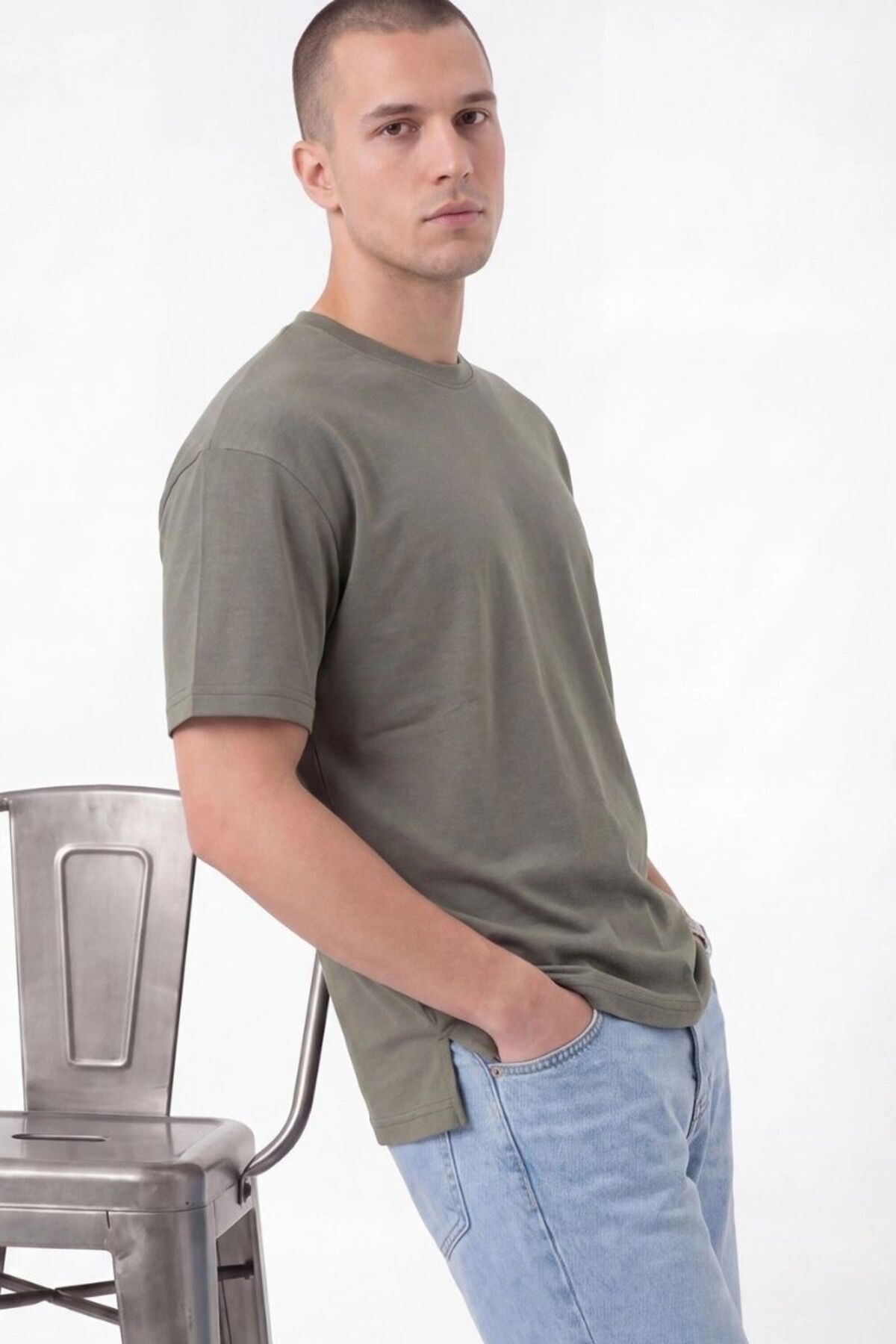 Erkek Oversize Yırtmaçlı Yumuşak Dokulu T-Shirt Yeşil - L