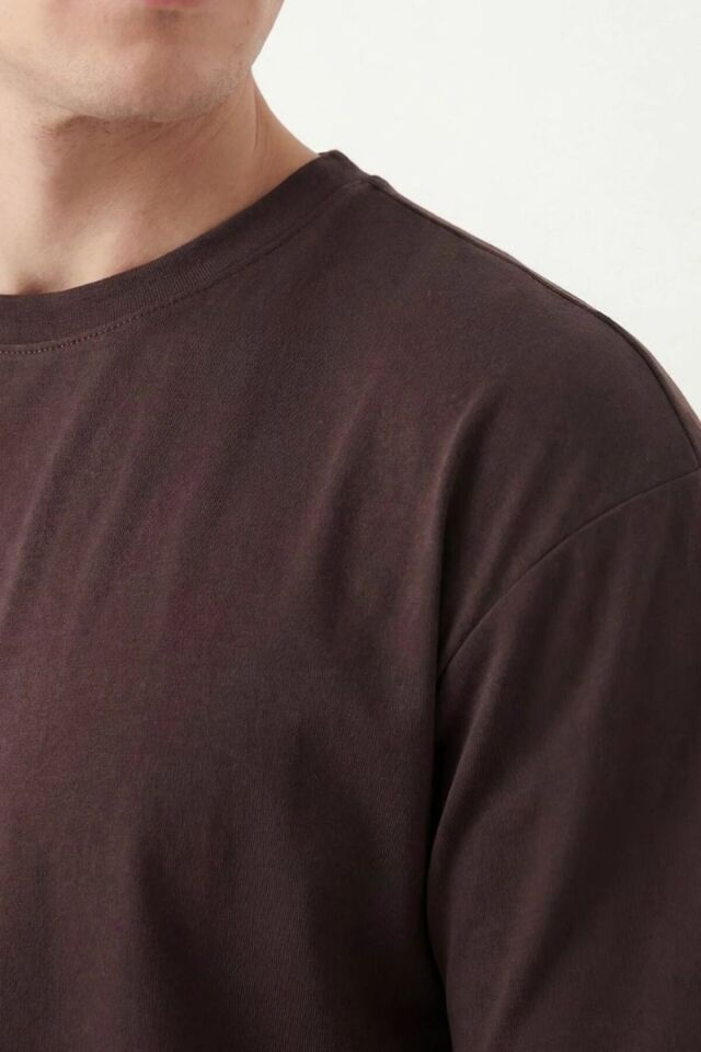 Erkek Oversize Yırtmaçlı Yumuşak Dokulu T-Shirt Kahverengi - 2XL