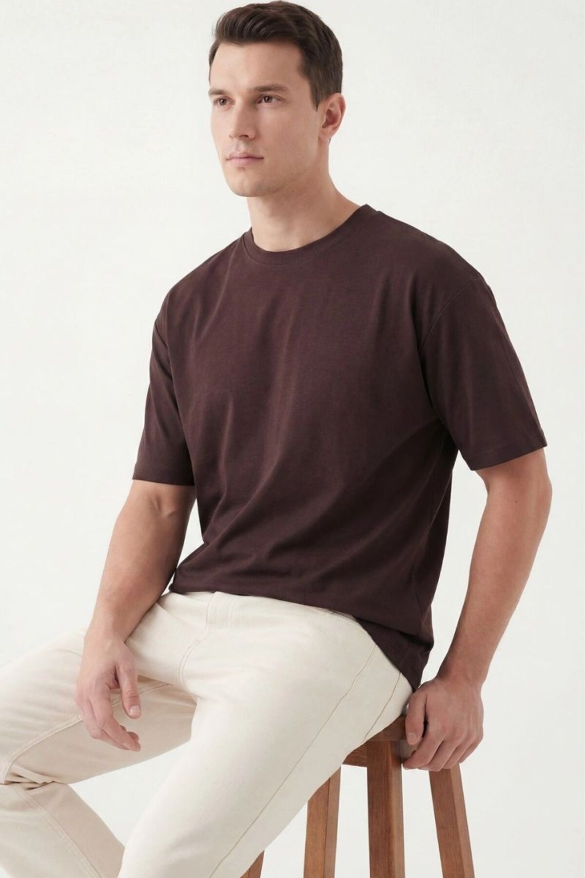 Erkek Oversize Yırtmaçlı Yumuşak Dokulu T-Shirt Kahverengi - XL