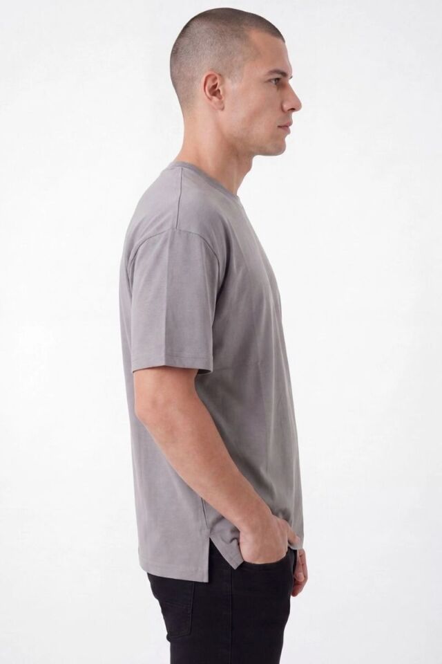 Erkek Oversize Yırtmaçlı Yumuşak Dokulu T-Shirt Gri - S