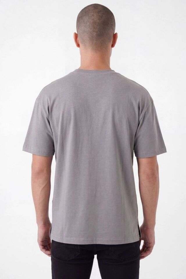 Erkek Oversize Yırtmaçlı Yumuşak Dokulu T-Shirt Gri - 2XL