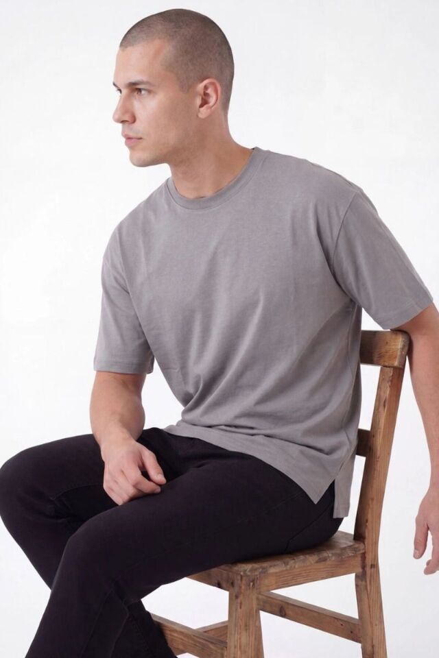 Erkek Oversize Yırtmaçlı Yumuşak Dokulu T-Shirt Gri - 2XL