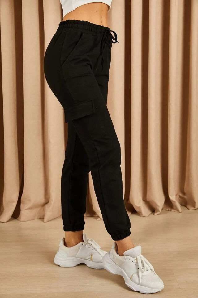 Kargo Cepli Unisex Eşofman Altı Bej Siyah - 2XL