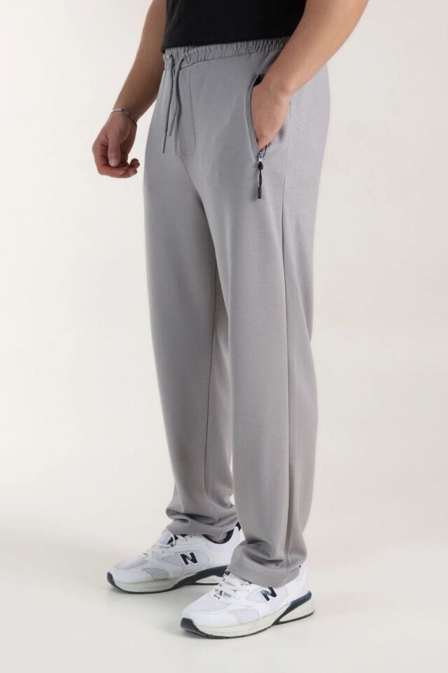 Erkek Yumuşak Dokulu Ters Fermuarlı Düz Paça Eşofman Altı Gri - M