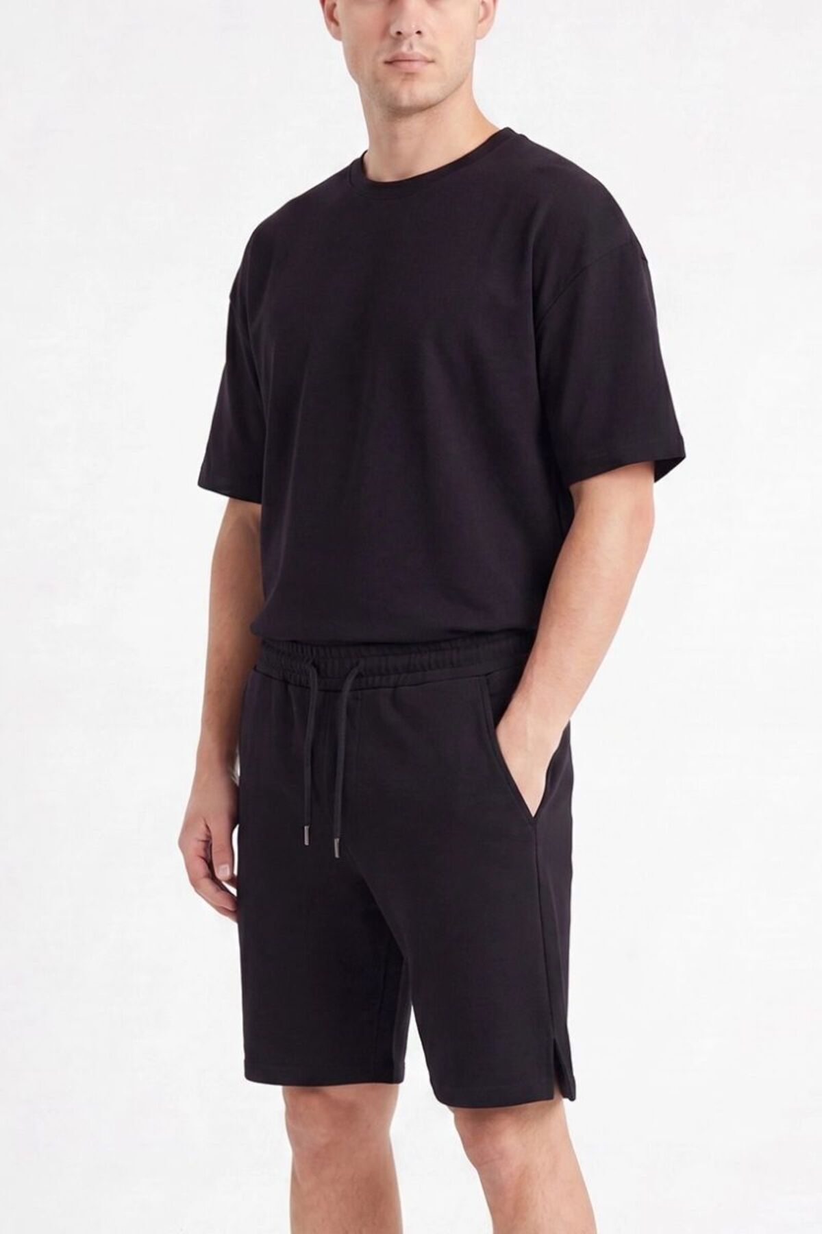 Erkek Bisiklet Yakalı Pamuk Yan Cep Yırtmaçlı Comfort Şortlu Takım Siyah - 2XL