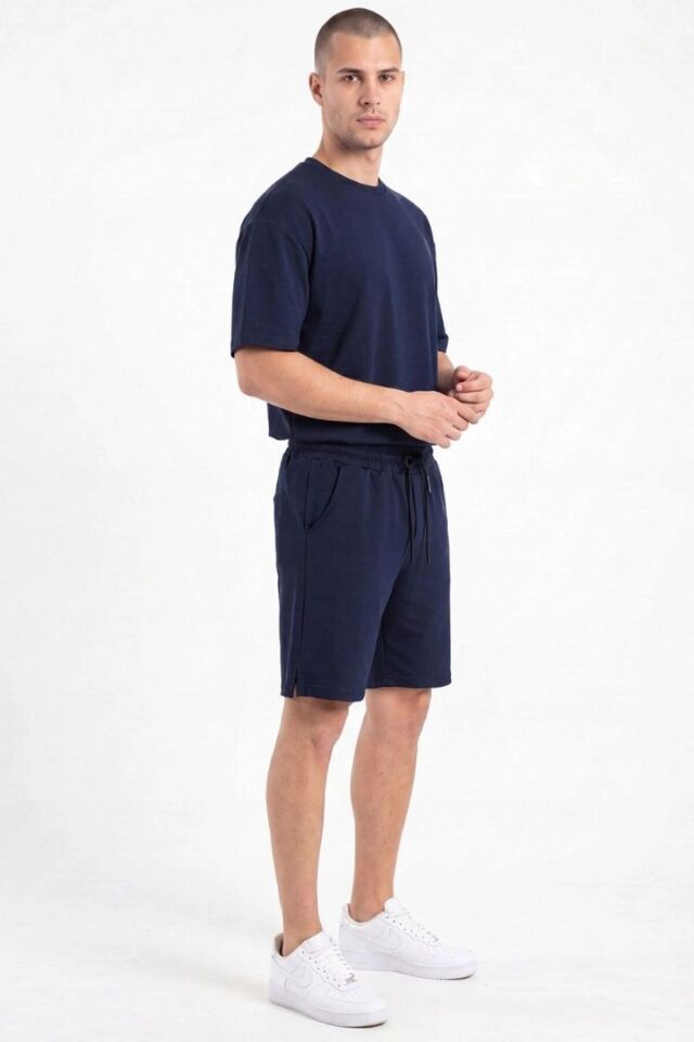 Erkek Bisiklet Yakalı Pamuk Yan Cep Yırtmaçlı Comfort Şortlu Takım Lacivert - XL
