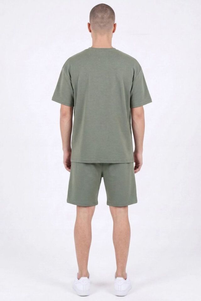 Erkek Bisiklet Yakalı Pamuk Yan Cep Yırtmaçlı Comfort Şortlu Takım Yeşil - 2XL