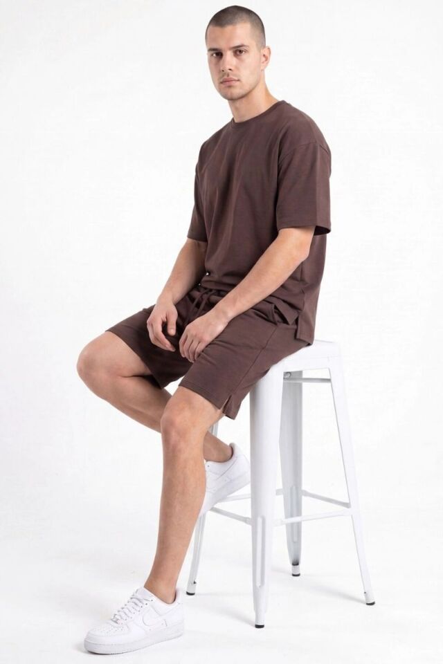 Erkek Bisiklet Yakalı Pamuk Yan Cep Yırtmaçlı Comfort Şortlu Takım Acı Kahve - XL