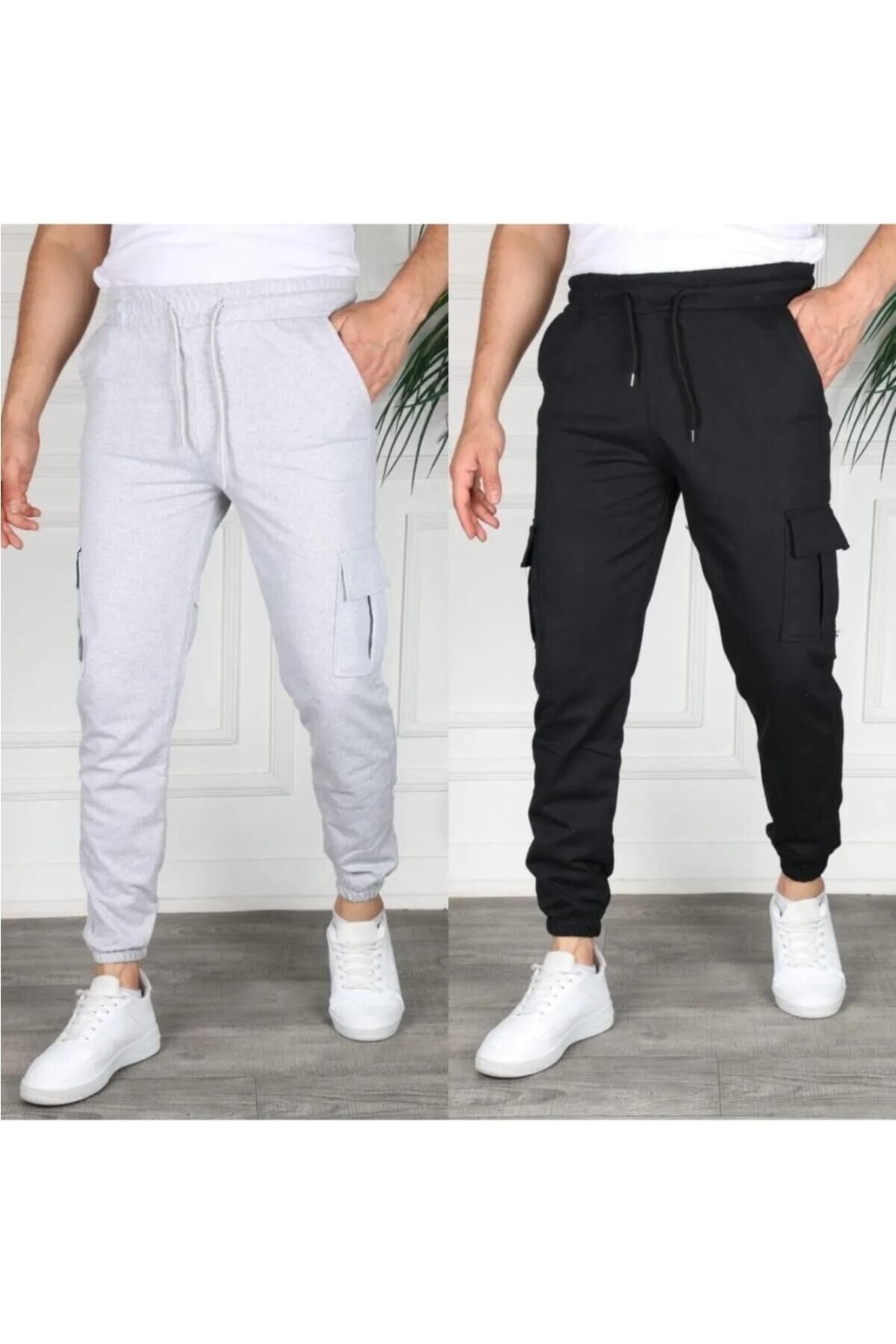 Açık Füme Renk Kargo Cep Slim Fit Jogger Alt Eşofman Bfplus1 Siyah Gri - XL