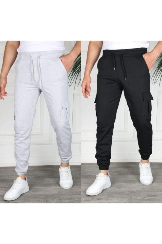 Açık Füme Renk Kargo Cep Slim Fit Jogger Alt Eşofman Bfplus1 Siyah Gri - XL