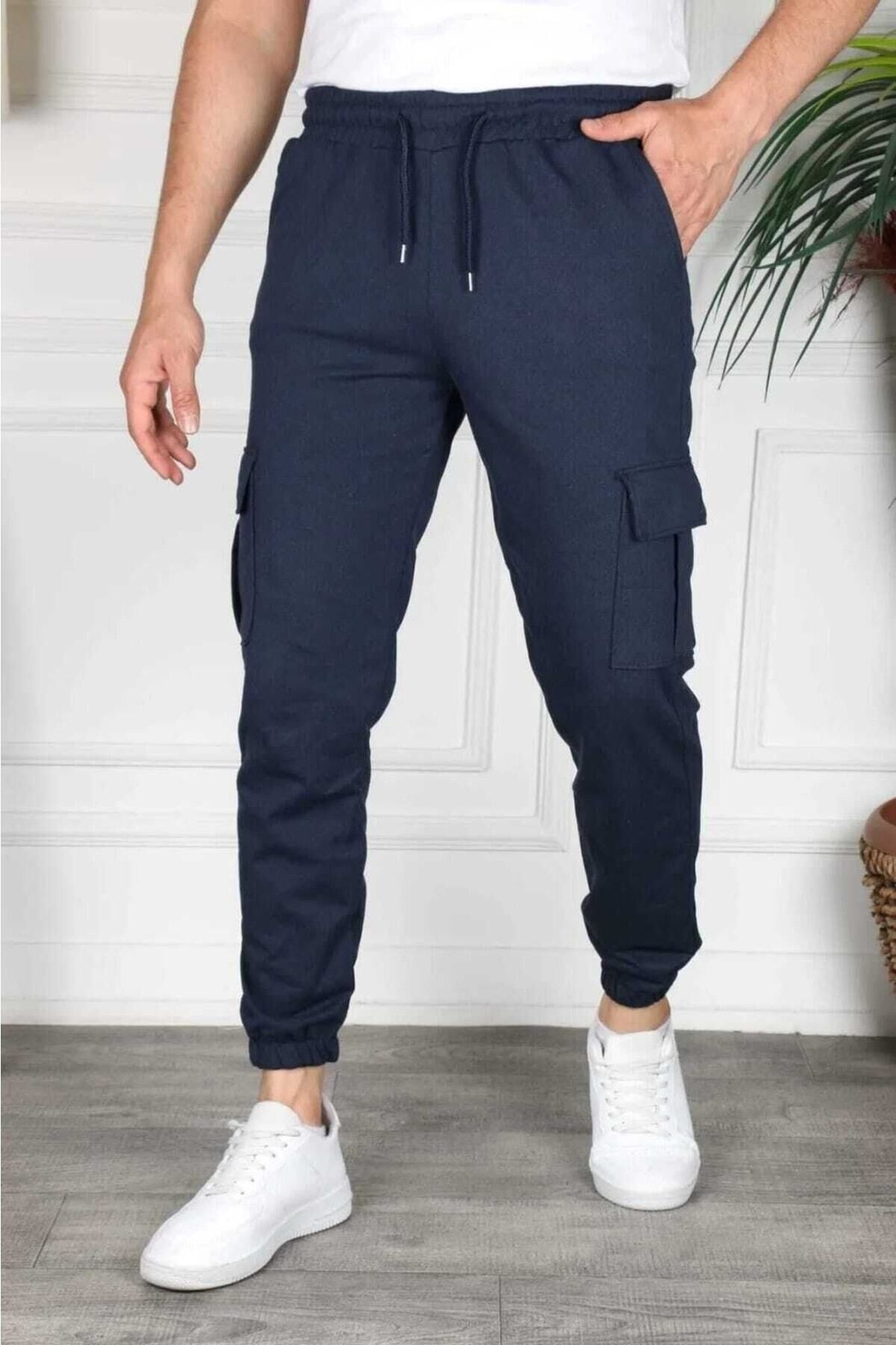 Açık Füme Renk Kargo Cep Slim Fit Jogger Alt Eşofman Bfplus1 Lacivert - XL